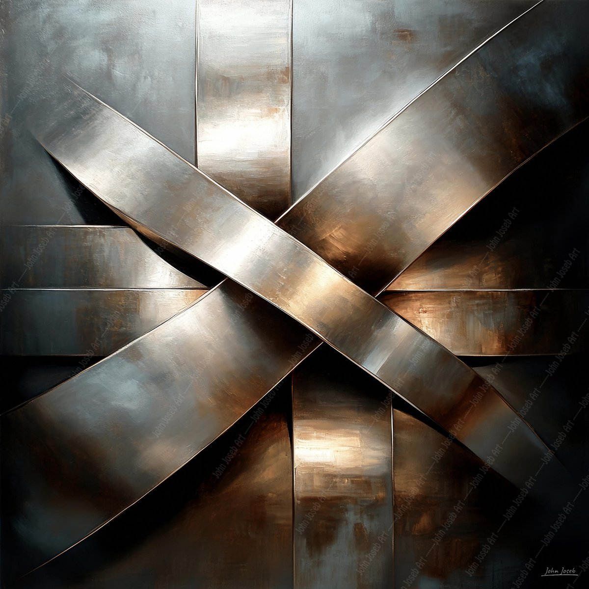 John Joseb Art (Aluminium) 100x100 | Geometrisch abstract, industrieel, metaal, aluminium, staal, kunst | vierkant, zwart, bruin, koper, grijs, zilver, modern | foto-schilderij op dibond, metaal wanddecoratie