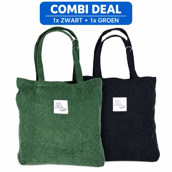 Combi deal: 1x groene en 1x zwarte ribstof tote bag met opdruk 'Just live your dreams in the sun'.