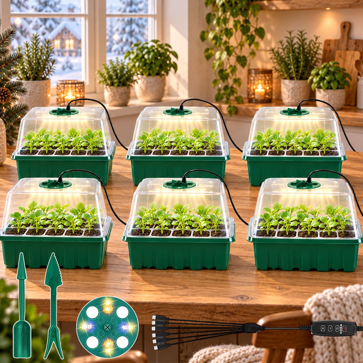 Rosnek 6 Stuks Kweekbakken met Groeilamp - Zaaibakken voor Zaailingen - Dimbare Mini Kweekkas met 4/8/12/18 Uur Timer - Full Spectrum LED Kweekset met Vochtigheidsdeksel - Donkergroen