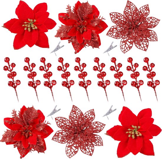 Set van rode kerststerren, bessenstengels met glitter en clips.
