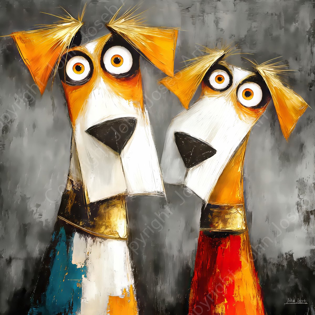 John Joseb Art (Aluminium) 60x60 | Gekke grappige honden met grote ogen, humor, kleurrijk, abstract, kunst, vierkant, hond, dier, blauw, goud, rood, geel, grijs, modern | foto-schilderij op dibond, metaal wanddecoratie