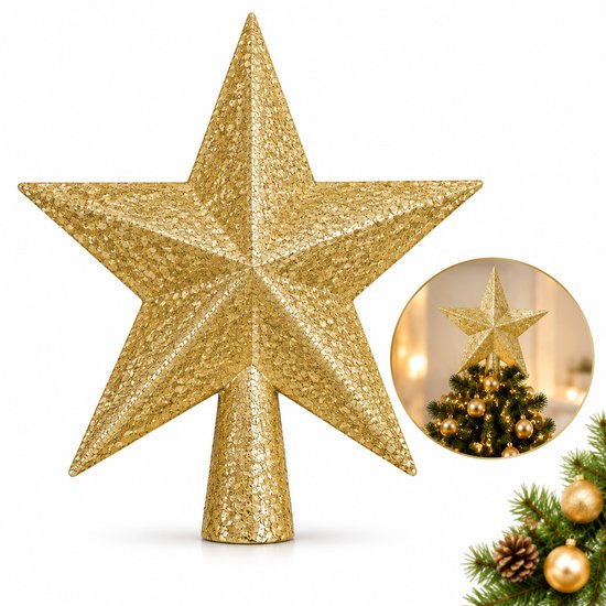 Gouden kerstboompiek in de vorm van een ster met glitterdecoratie op witte achtergrond.