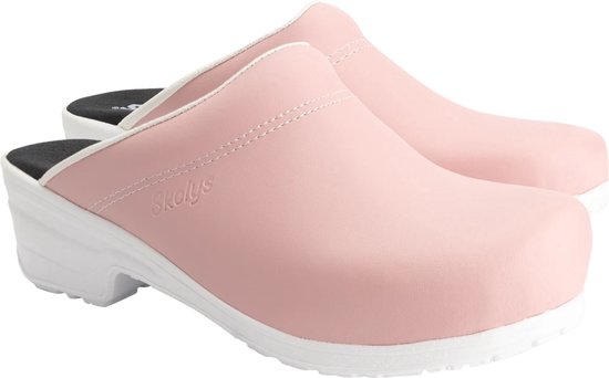 Roze Skolys klomp met witte zool en stiksels.