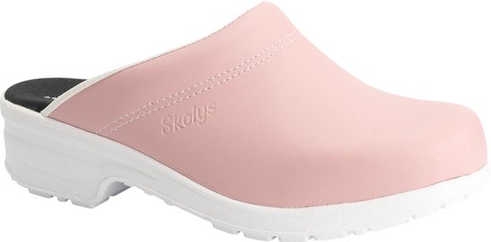 Roze Skolys klomp met witte zool en stiksels, zijaanzicht.