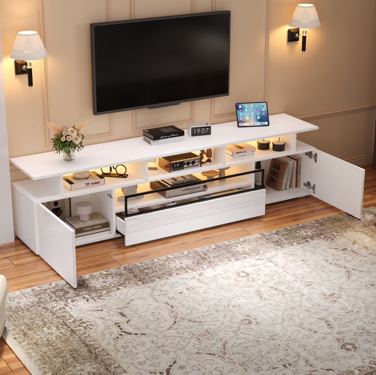 MEUNIQ TV-meubel 180 x 38 x 45 cm met LED-verlichting via app, 2 kasten, lade en open opbergvakken voor televisie tot ca. 75 inch, wit hoogglans