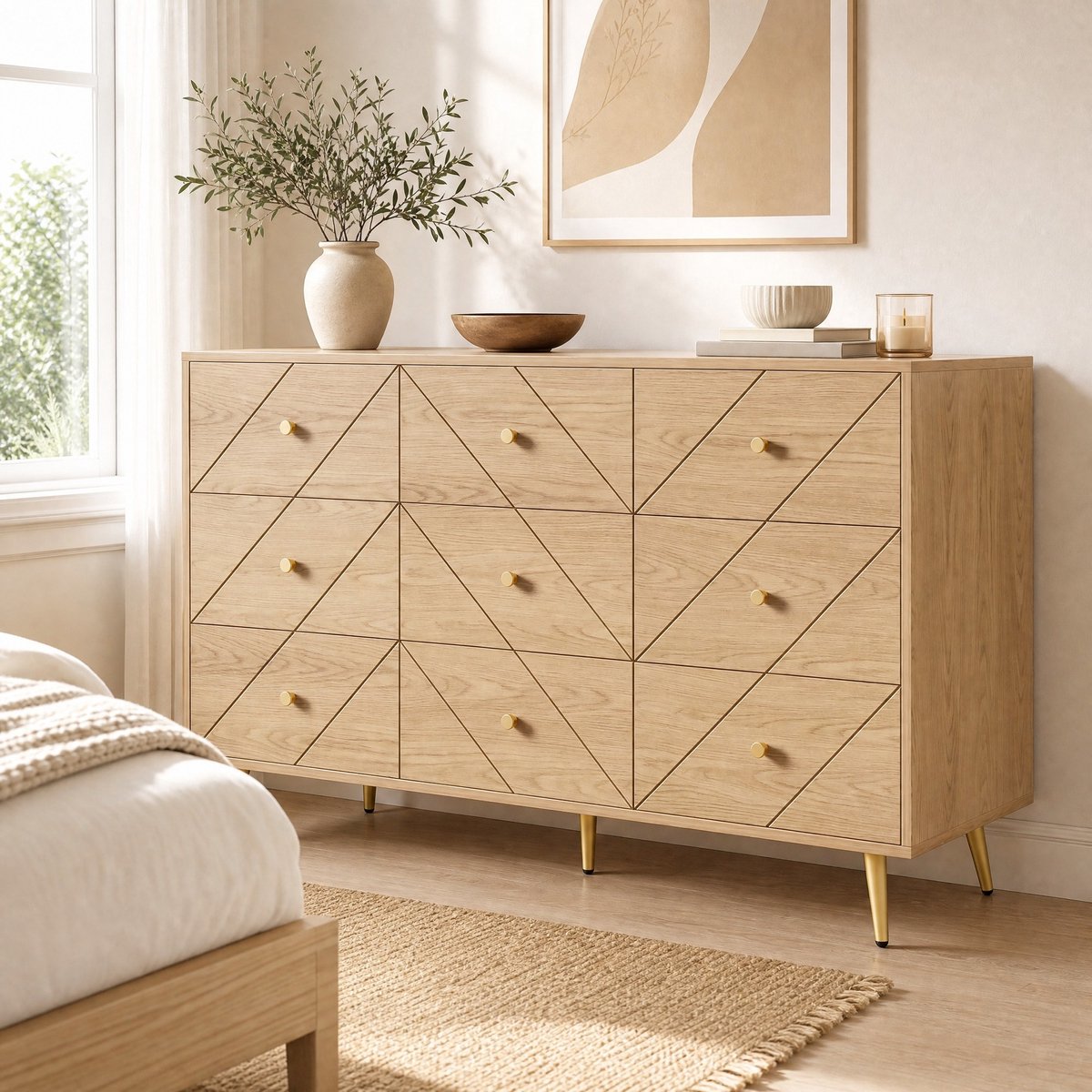 MEUNIQ Ladekast met 9 lades 120 x 39 x 80 cm, geometrische fronten en metalen poten voor slaapkamer, woonkamer of hal, naturel