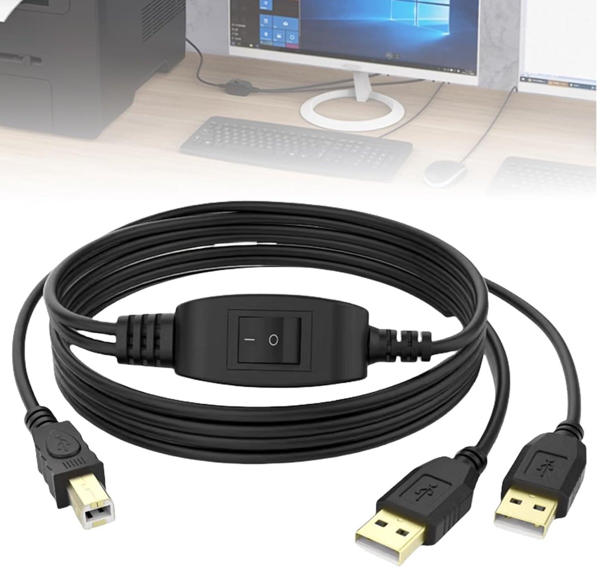 Printerkabel 2x USB-A naar USB-B, 2-in-1 kabelsplitter met kantelknop, 2.5 meter lang, ideaal voor printers en randapparatuur