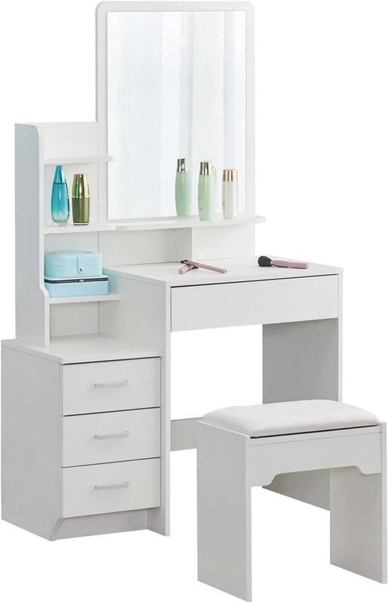 Witte Kaptafel met Spiegel en 4 Laden - Multifunctionele Make-up Bureau voor Slaapkamer