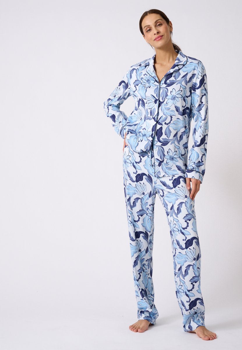 Damart Pyjama met knopen van satijnstof - Dames - Blauw - 54-56 (XXL)