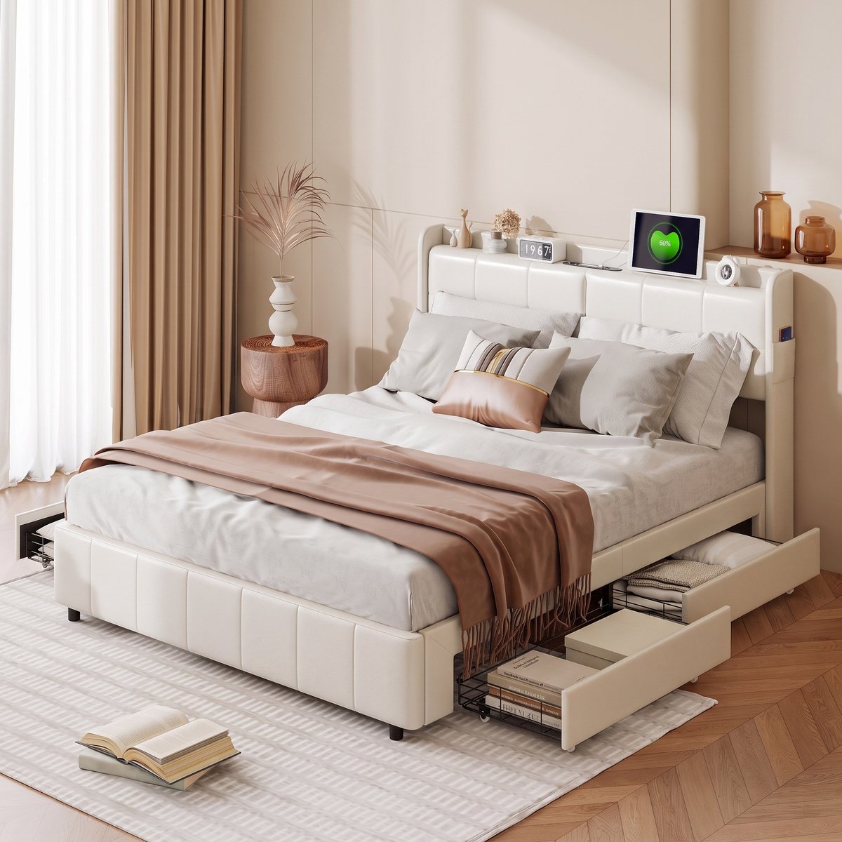 MEXUS Tweepersoonsbed (160x200 cm) 4 Lades Opbergruimte, Hoofdbord Voorzien van Opbergvakken Zijkant en Oplaadpoorten, Houten Lattenbodem Eenvoudig Matras Niet Inbegrepen (Wit, 160x200 cm)