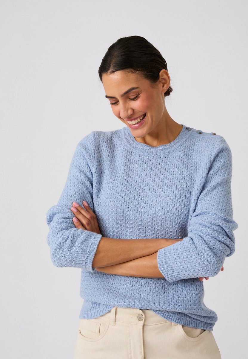 Damart - Wollen trui met knopen op de schouder - Dames - Blauw - L