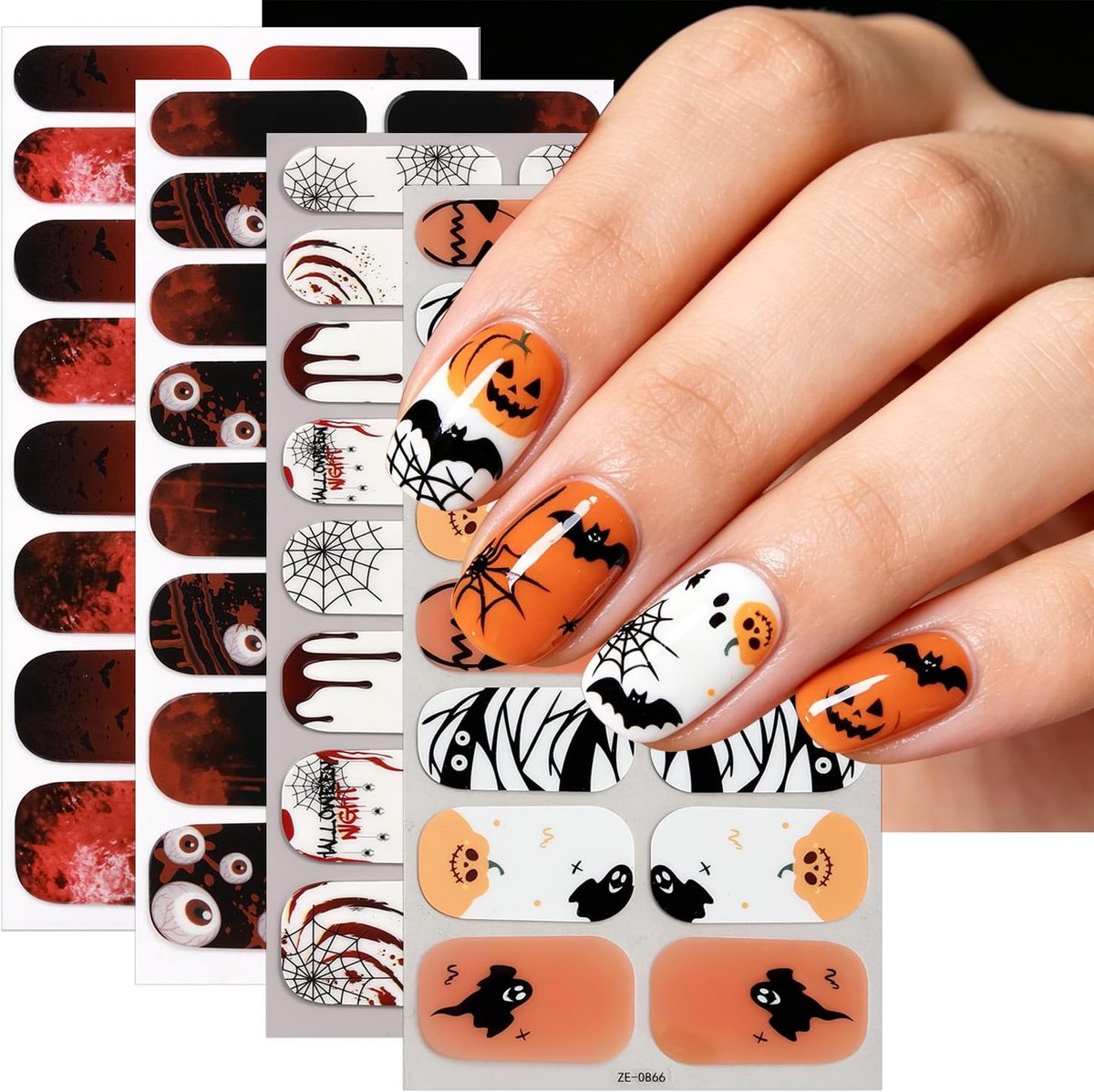 KZQ 4 Stuks Halloween gelnagelstickers - Spinnenweb, schedel, spook, pompoen designs - Zelfklevende nagelstickers - Nageldecoraties voor dames - Lichtgevend in het donker - Halloween decoraties - Inclusief nagelvijl - Groep E