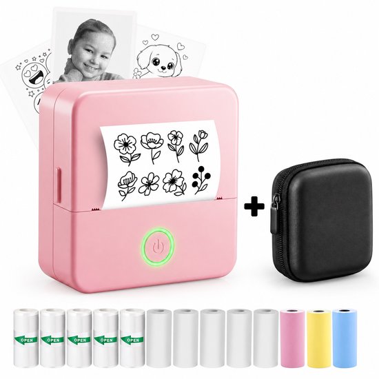 Gatson Mini Printer - Met Opbergcase - Inclusief 14 Rollen Papier (Sticker, Normaal & Kleur) + 5 pennen - Mini Printer voor Mobiel - Pocket Printer - Mobiele Fotoprinter - Schoolspullen - Journaling Producten - Bullet Journal