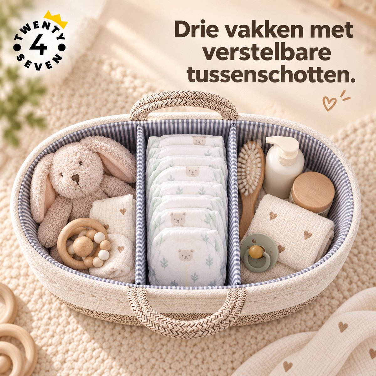 Twenty4seven® Luiermand Baby met 3 Vakken - Luiertas Organizer & Commodemand - Kraammand Gevlochten Katoen - Opbergmand Babykamer - Kraamcadeau Jongen & Meisje – foto 3