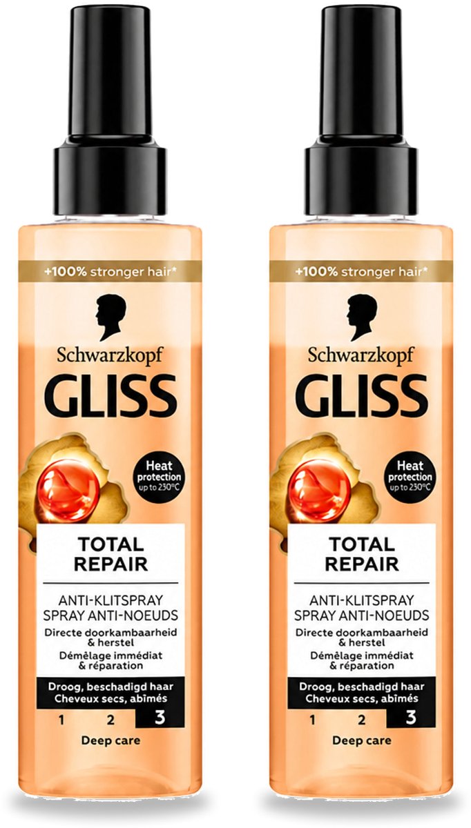 2 x Gliss - Total Repair Anti-Klit Spray - Voor Beschadigd en Droog Haar - 200 ml - Voordeelverpakking - 2 stuks