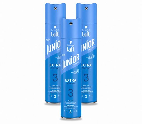 Drie blauwe bussen Taft Junior Extra Strong haarspray, met "Schwarzkopf taft JUNIOR EXTRA STRONG 3" in witte letters.