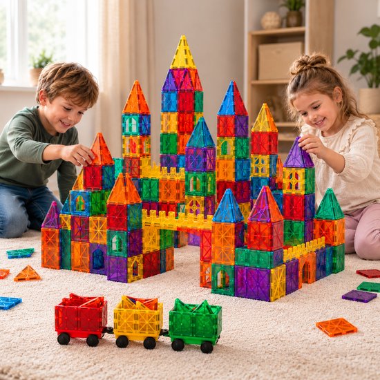 Twee kinderen bouwen een groot magnetisch kasteel in regenboogkleuren met treinen.