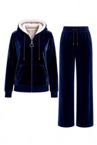 Huispak Dames Fleece - Hoodie en Straight leg broek - Teddy Capuchon - Marineblauw Velvet - Maat 42/44