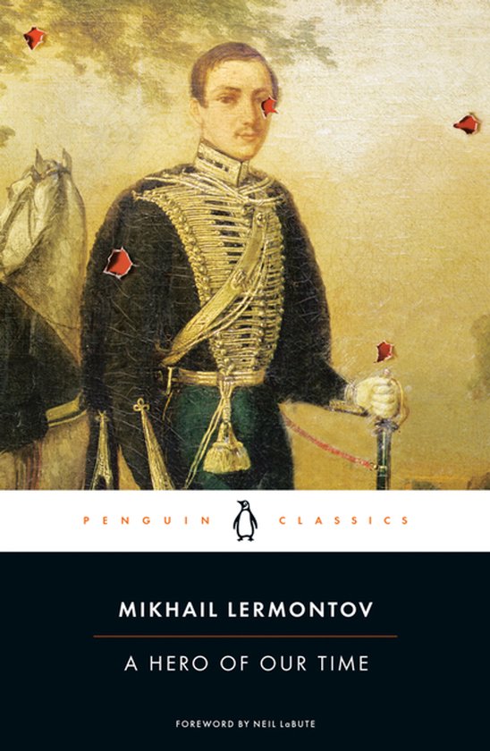 Boekomslag 'A Hero Of Our Time' van Mikhail Lermontov met een schilderij van een man in een militair uniform en een paard.