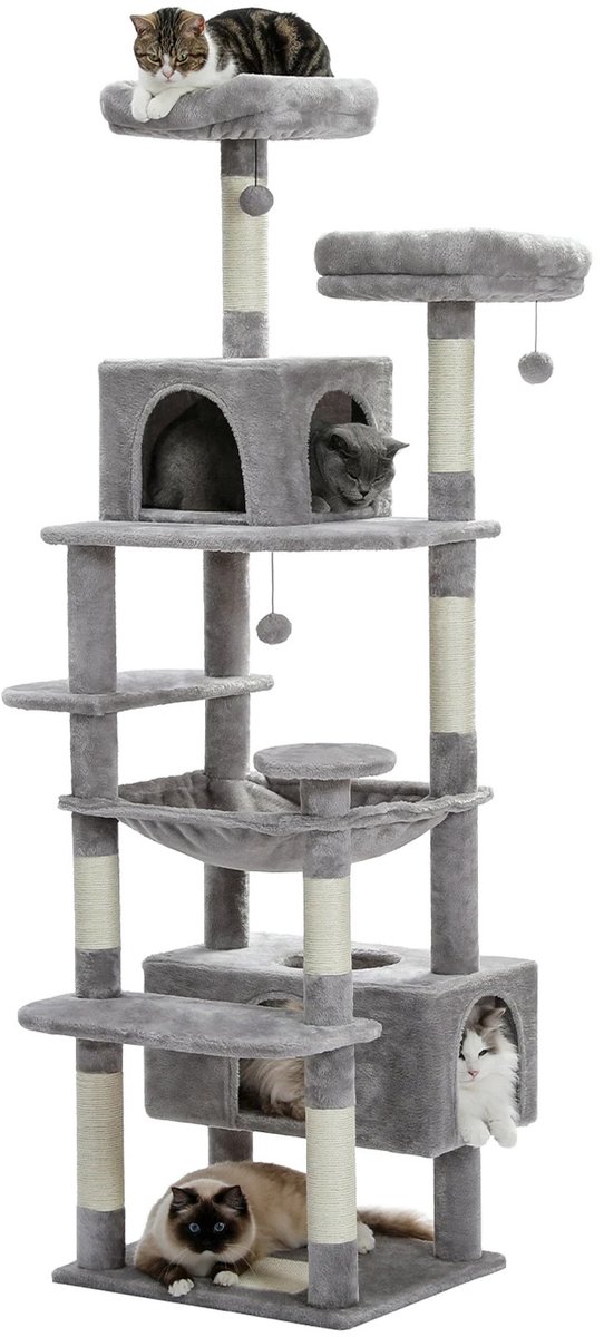 MokoHub Krabpaal Kattentoren - Sisal - Hangmat - Zitstokken - Voor Binnenkatten - 63x49x136 cm - Lichtgrijs