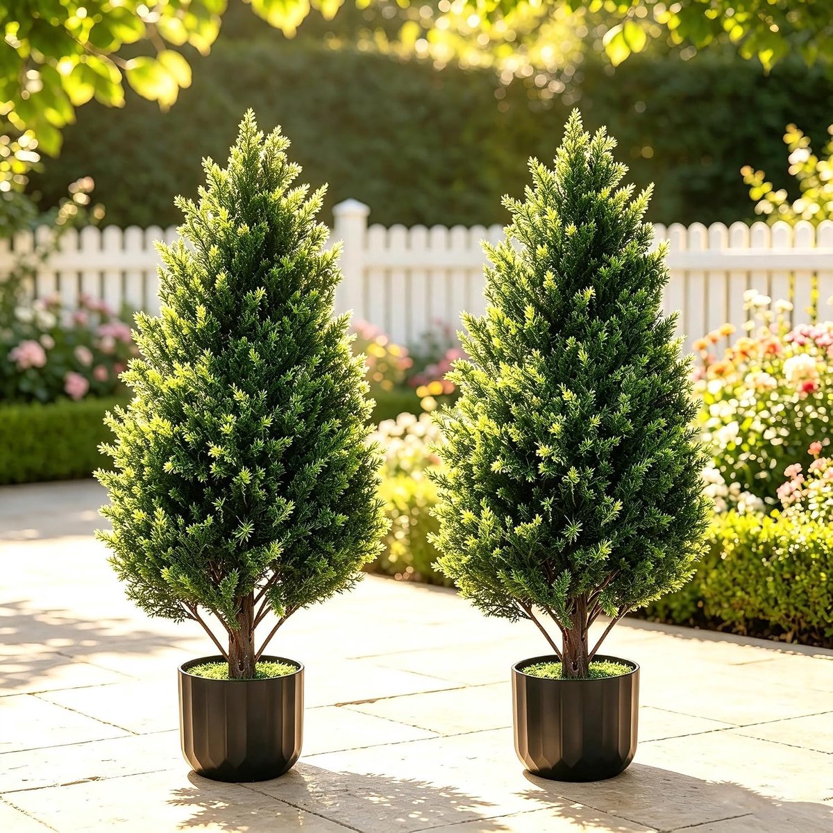2 stuks kunstmatige cipressen, 90 cm nepvormsnoei met afneembare stammen, decoratieve kunstvormsnoei voor binnen en buiten huis, tuin, balkon, terras, entree decor (90 cm)