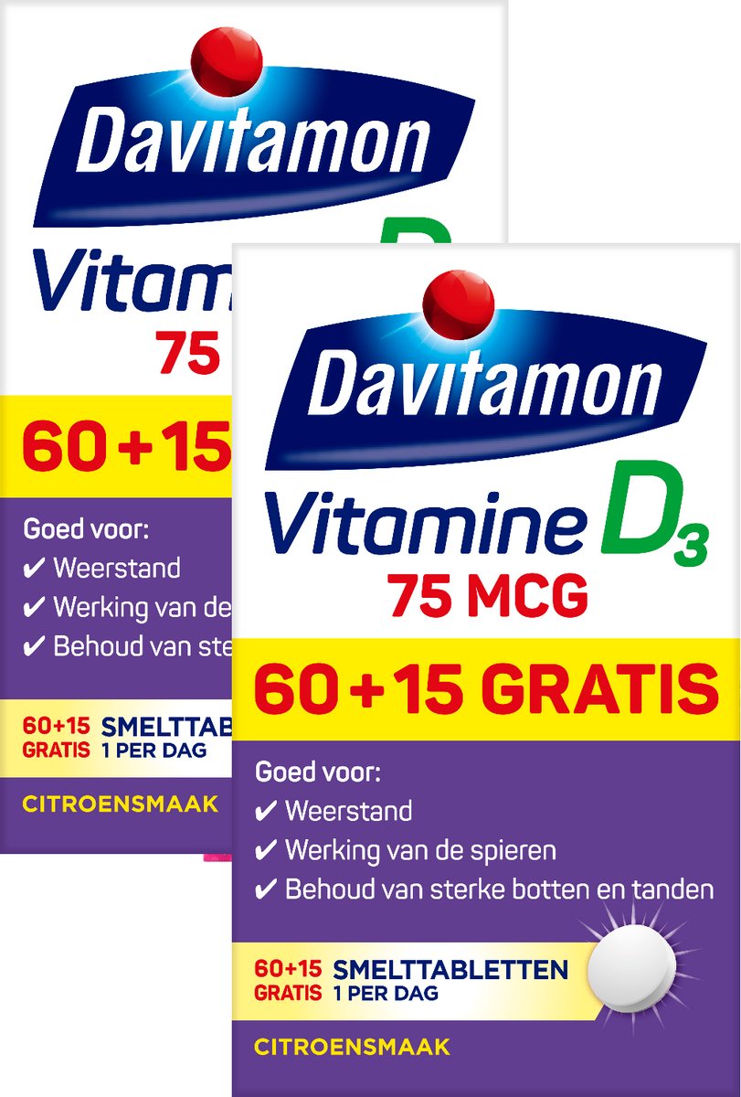 Davitamon Vitamine D3 Forte - vitamine D3 volwassenen - Smelttablet 2 x 75 stuks - BUNDEL 2 STUKS