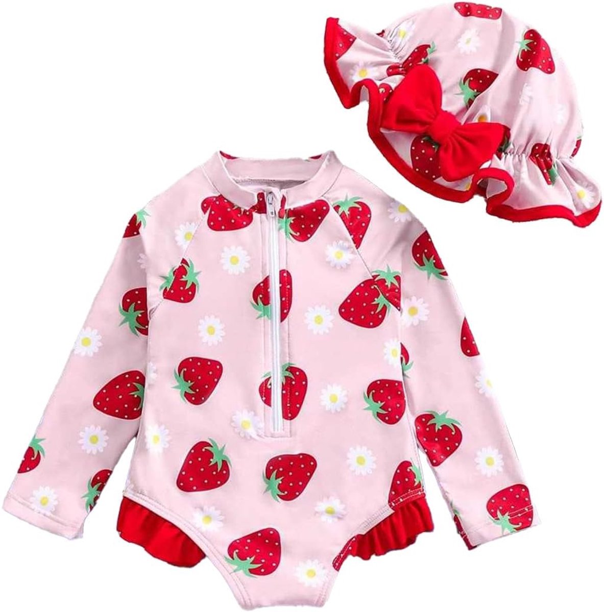 Badpak voor babymeisjes, met strepen, schattig, lange mouwen, eendelig, rashguard met zonnehoed, ritssluiting, badkleding, strandmode