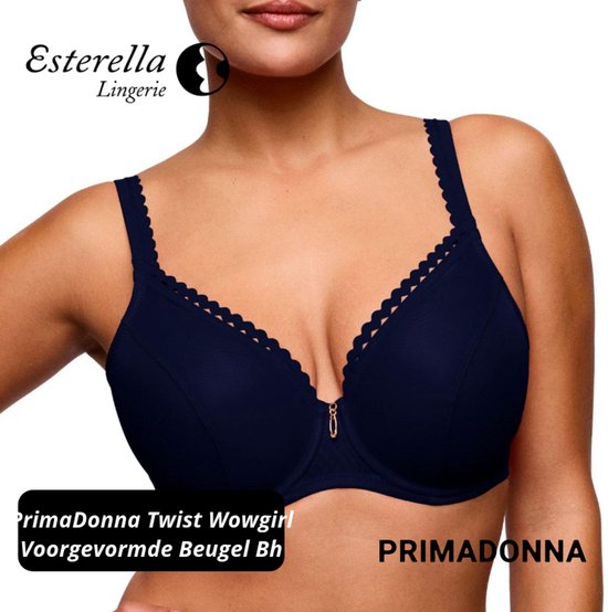 Marineblauwe voorgevormde beugel bh met kantafwerking aan de bovenkant van de cups en een strikje in het midden. "PrimaDonna Twist Wowgirl Voorgevormde Beugel Bh" is op de voorgrond afgebeld.