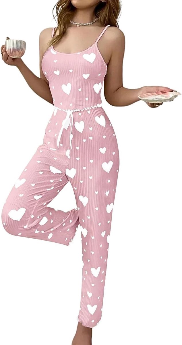 2-delige pyjamaset voor dames, met hartvormige print, camisole top en broek, sexy pyjama, schattig, comfortabel, mouwloos, sleepwear