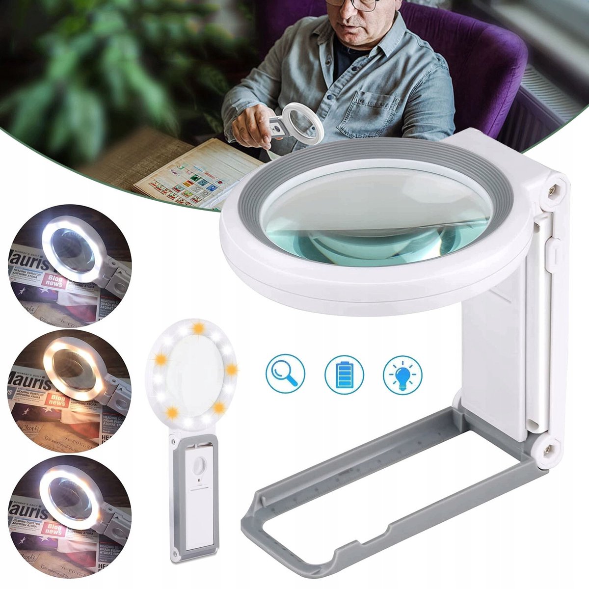 Vergrootglas Met 30x En 10x Vergroting - 18 LED-lampjes, 3 Verlichtingsstanden, Inklapbare Standaard - Draagbaar Voor Boeken, Munten En Postzegels