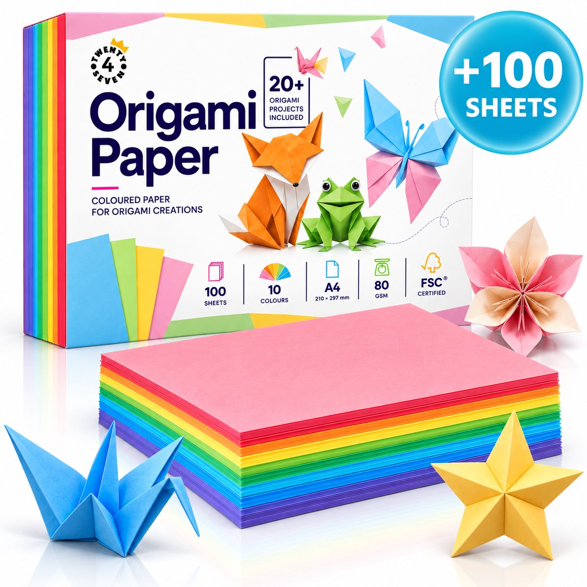 Twenty4seven® Gekleurd Papier A4 - 100 Vellen Origami, Vouwpapier en Knutselpapier - 80 Grams FSC - Surprise Knutselen voor Kinderen - Sinterklaas Cadeau - 20 Projecten