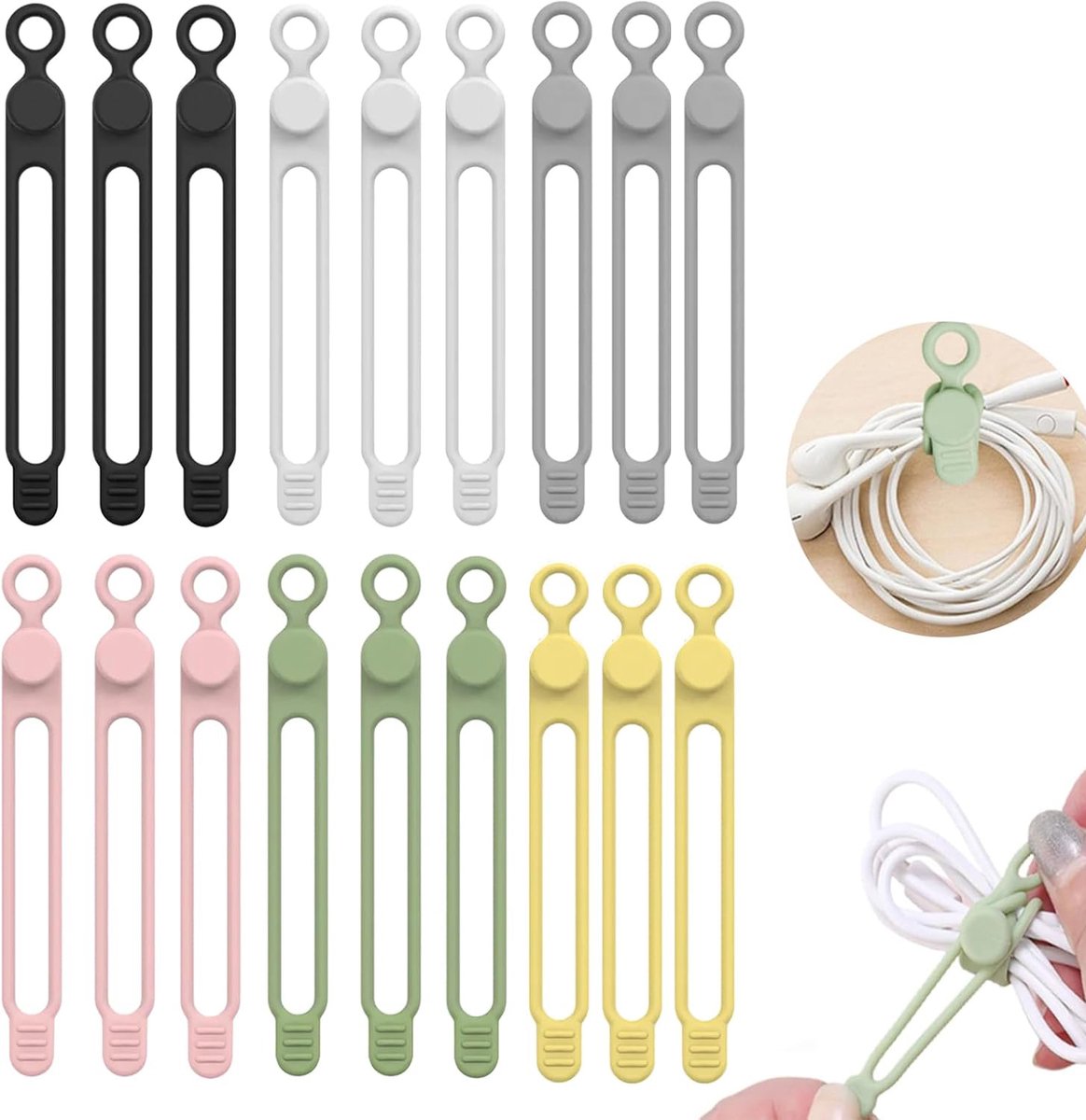 Herbruikbare Siliconen Kabelbinders Set van 18 - Met Knopsluiting - Ca. 10,5 cm - 6 Kleuren - Voor Kabels, Opladers & Organisatie