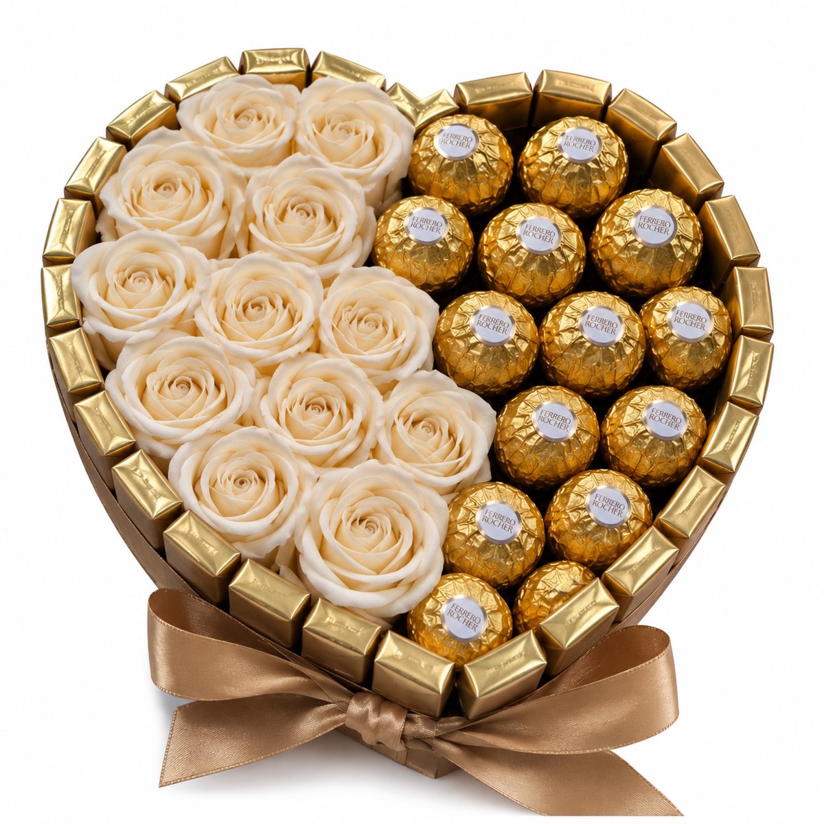 Nina’s Giftshop® Chocolade Hart M – Ferrero Rocher & Merci – Beige Zeeprozen – Valentijn Cadeau voor Haar & Vrouw