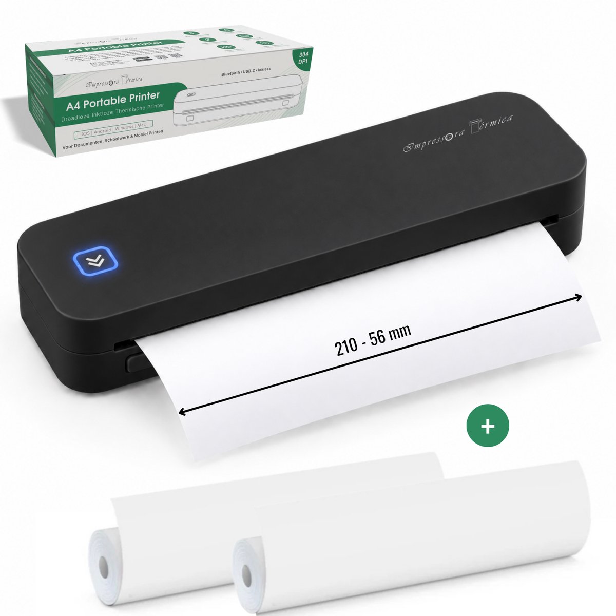 Impressora Térmica® - Draadloze thermische printer - Mini Printer voor Mobiel/Tablet/Laptop - 304 DPI - Pocket Printer - USB/USB-C - Inclusief twee rollen thermisch papier - Zwart