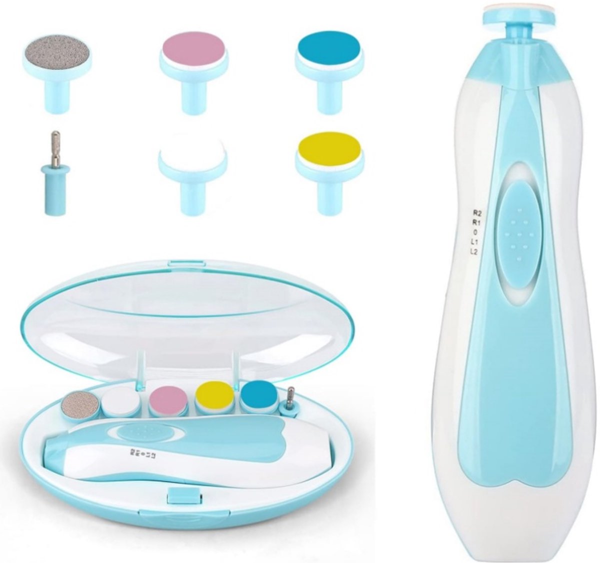 Elektrische Baby Nagelvijl 6-in-1 met LED-licht, Nagelverzorgingsset voor Baby’s - 6 Verwisselbare Schijven - Veilig Zacht Polijsten - Inclusief Opbergdoos - voor Pasgeborenen en Peuters