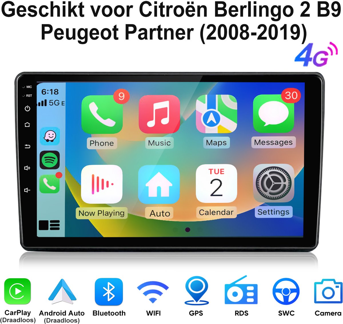 Junsun Android 15 Autoradio Geschikt voor Citroën Berlingo 2 B9 & Peugeot Partner (2008-2019) - Draadloze CarPlay & Andriod Auto - GPS-navigatiesysteem - Bluetooth - 9 Inch TouchScreen - Stuurwielbediening - WiFi & 4G - DSP - 6+128GB