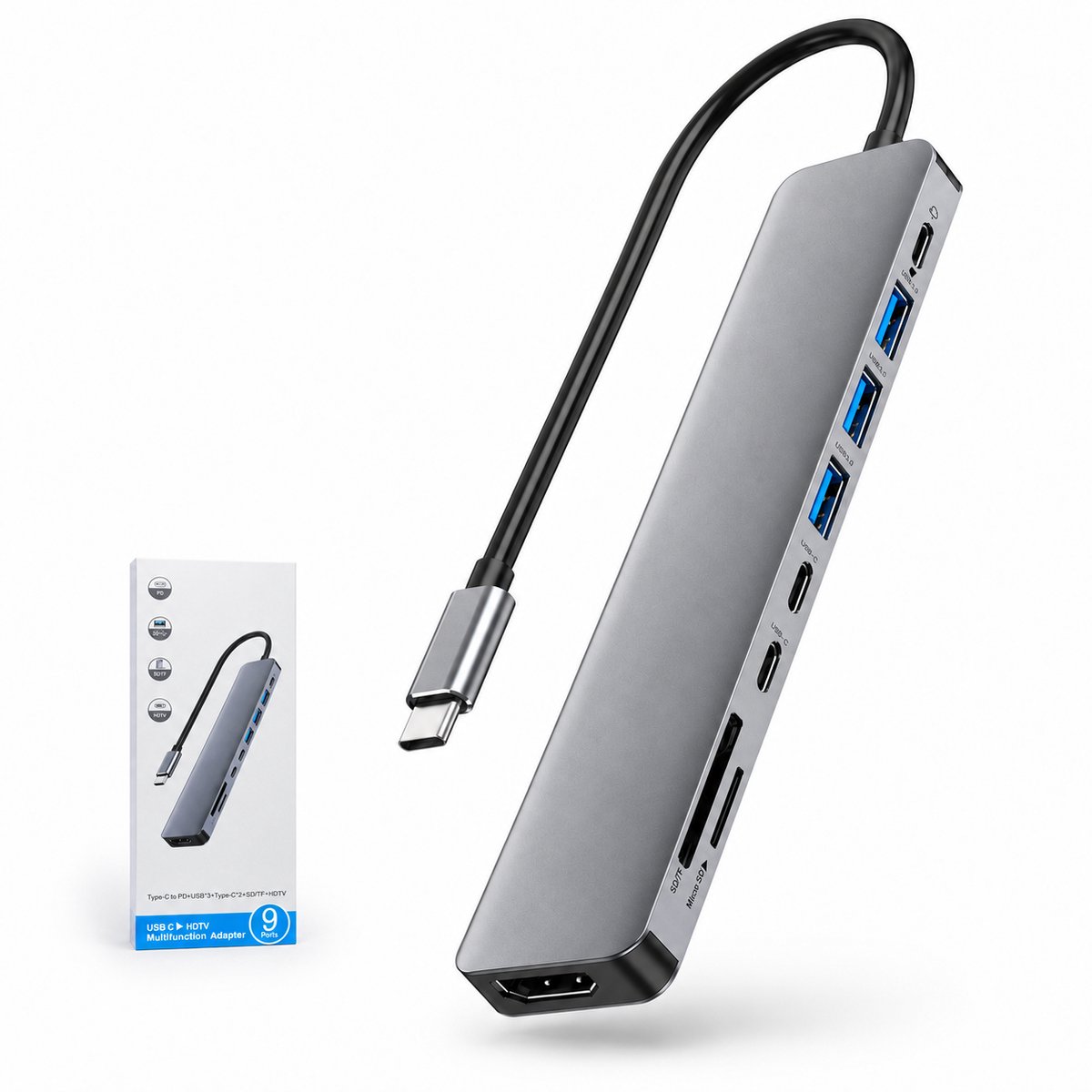 USB C Hub - 1x HDMI 4K - 1x USB-C - 3x USB 2.0 -1x USB 3.0 - 2x Kaartlezer - Inclusief Converter - Geschikt voor Macbook Pro / Air / Windows / Universeel