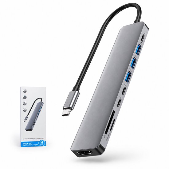 Grijze USB-C hub met HDMI, USB-C, 3x USB 2.0, 1x USB 3.0 en SD/MicroSD kaartlezers.