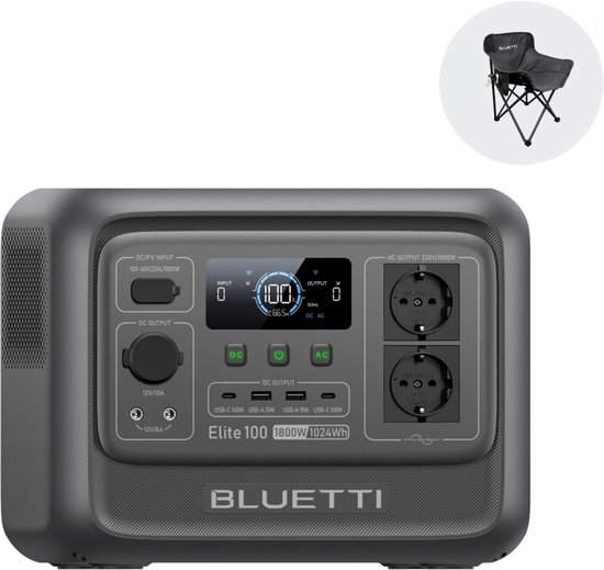 BLUETTI Elite 100 draagbare stroomgenerator, zwart, met display en 2 AC-uitgangen. Compacte kampeerstoel in de hoek rechtsboven.