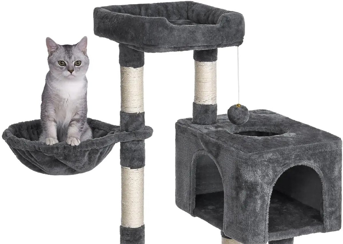 MokoHub Krabpaal 100cm - 7 Kolommen - Kattenhuis & Hangmat - Kantelbeveiliging - 50x40x100 cm - Donkergrijs