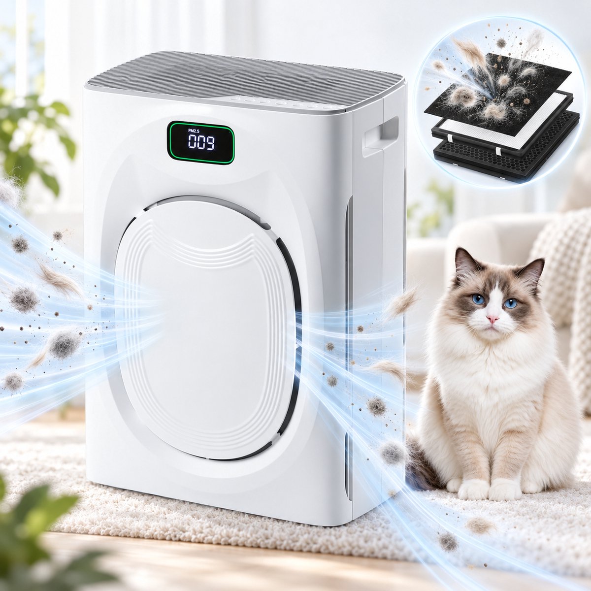 Lapamax Luchtreiniger met HEPAfilter H13 voor Huisdieren-Huisdiermodus-CADR 295 m³/u - Grote Luchtinlaat&Dubbelzijdige Filtratie -3-Laags Filtersysteem,Koolstoffilter & Wasbaar Voorfilter -25 dB Slaapstand-voor Woonkamer en Slaapkamer