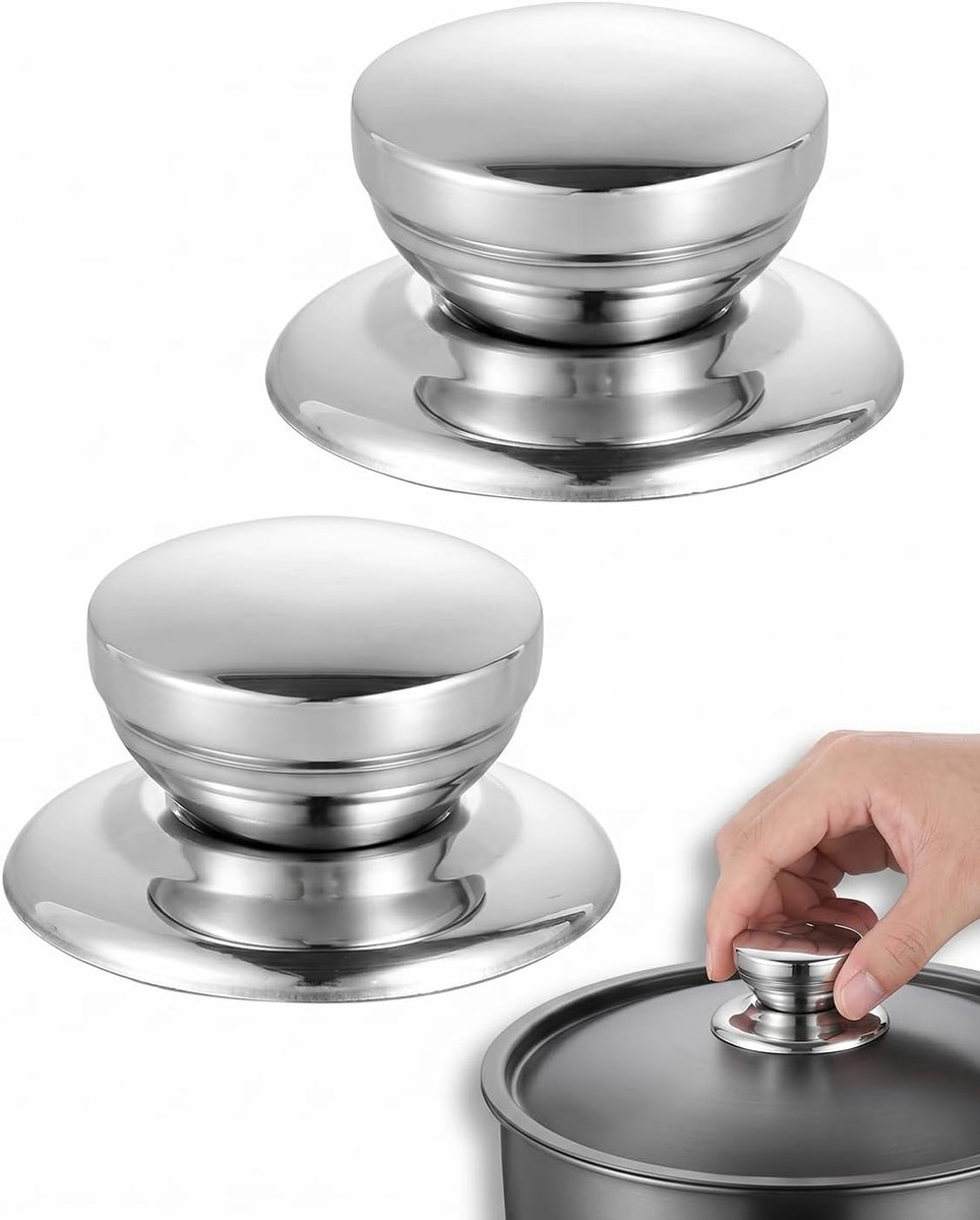 Keuken Vervangende Knop Handvat, 2 Stuks Roestvrijstalen pan Deksel Knop, Azalia Glazen Deksel Handvat, met Schroeven en Antislip Mat, voor Keuken Pot Deksel Accessoires, Deksel Handvat Vervanging (Zilver)