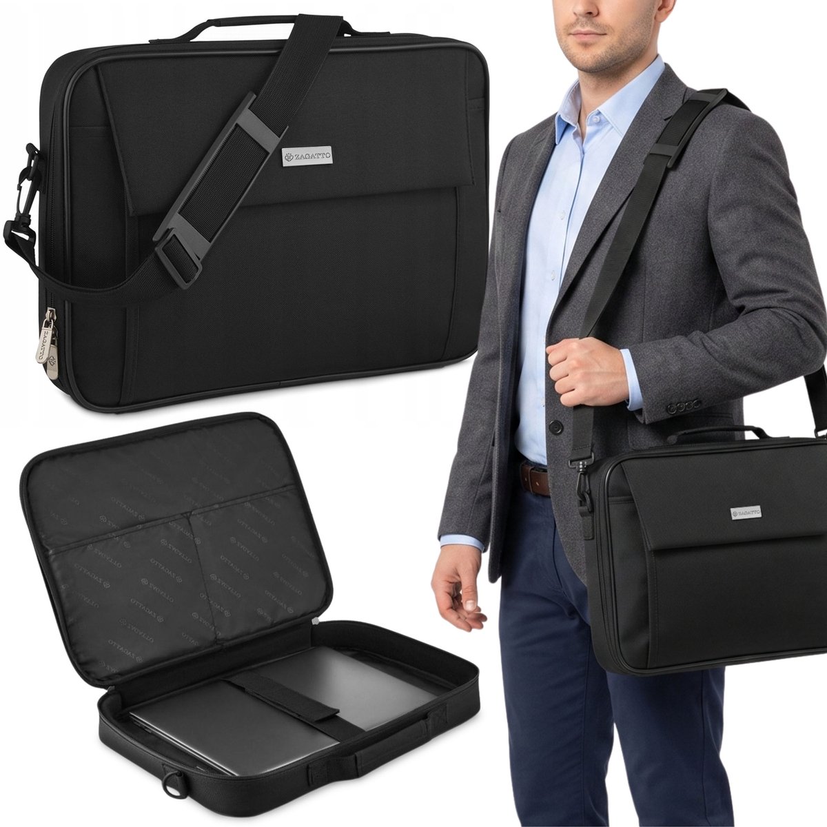 ZAGATTO GEWATTEERDE laptoptas 15,6 inch, zwarte SCHOUDERTAS, LICHTE hoes met rits