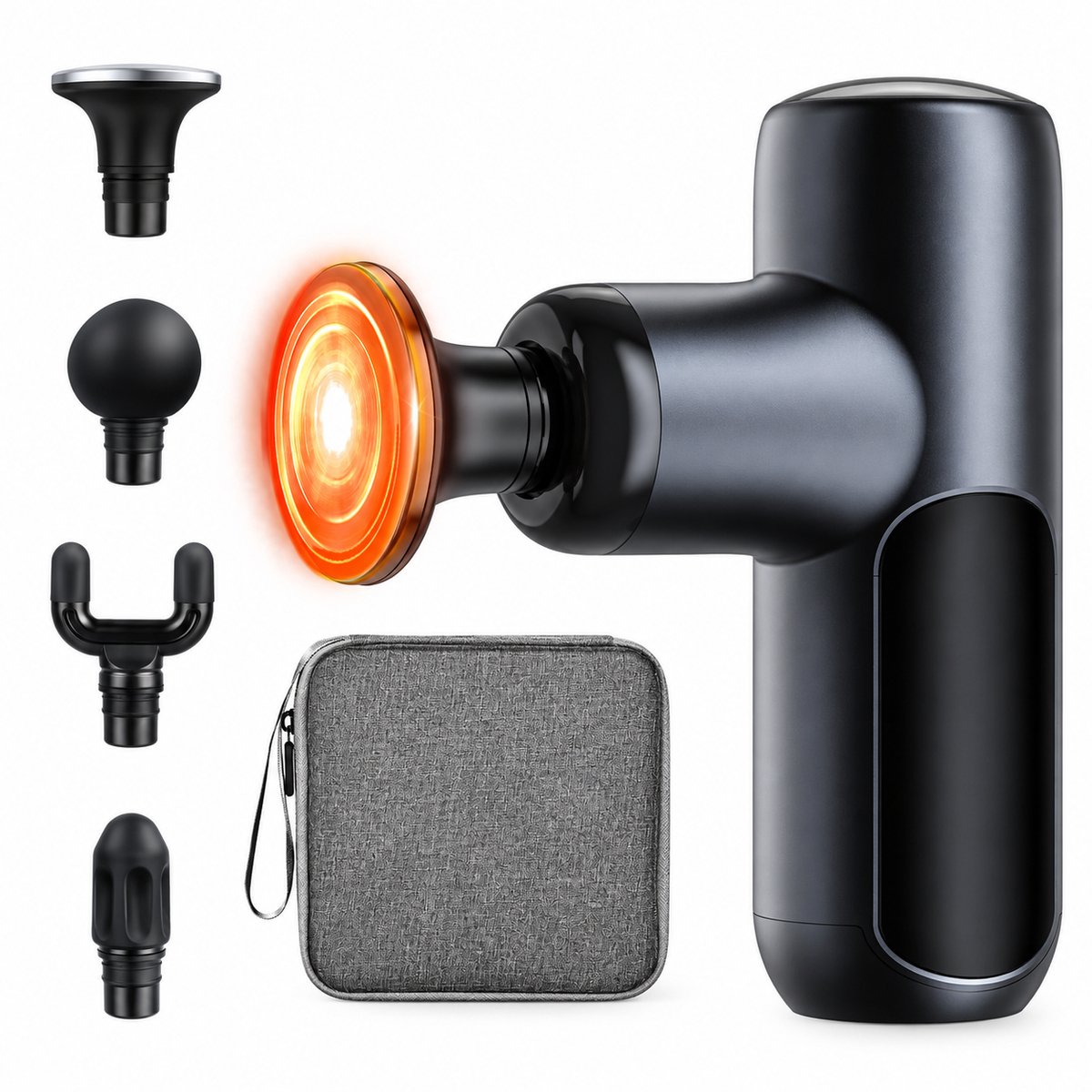 Massage Gun met Warmtefunctie – 3200 RPM – 4 Massagekoppen – Compact & Oplaadbaar – Grijs