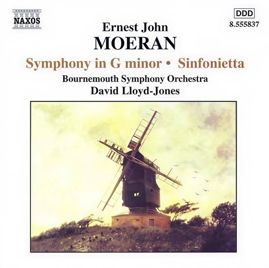 CD-hoes met Ernest John Moeran Symphony in G minor en Sinfonietta, uitgevoerd door Bournemouth Symphony Orchestra, David Lloyd-Jones. Afbeelding van een molen.