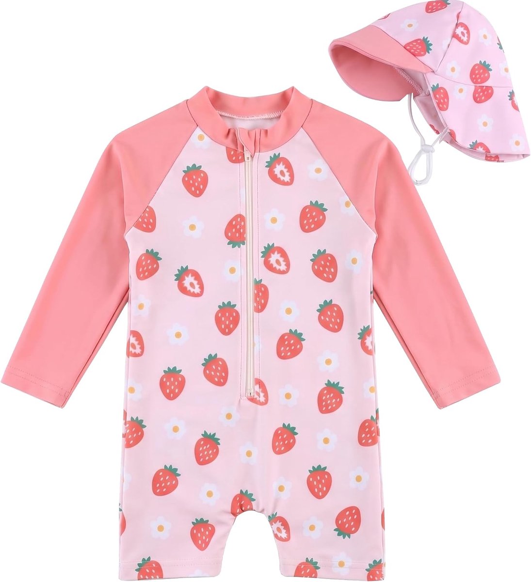 Badpak voor baby's, lange mouwen, uv-bescherming, UPF 50+, 0-3 jaar, eendelig met ritssluiting, voor meisjes met muts, strand en zwembad, zomer