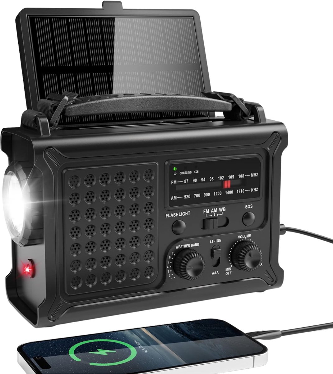 Verte - Noodradio - 12.000 mAh Noodradio Op Zonne-Energie - AM/FM-Radio Met Wereldwijde Ontvangst - Oplaadbare Powerbank - Zaklamp En Leeslampje - IPX6 Waterdicht - SOS-Alarm - Weerradio Voor Noodsituaties Thuis En Op De Camping