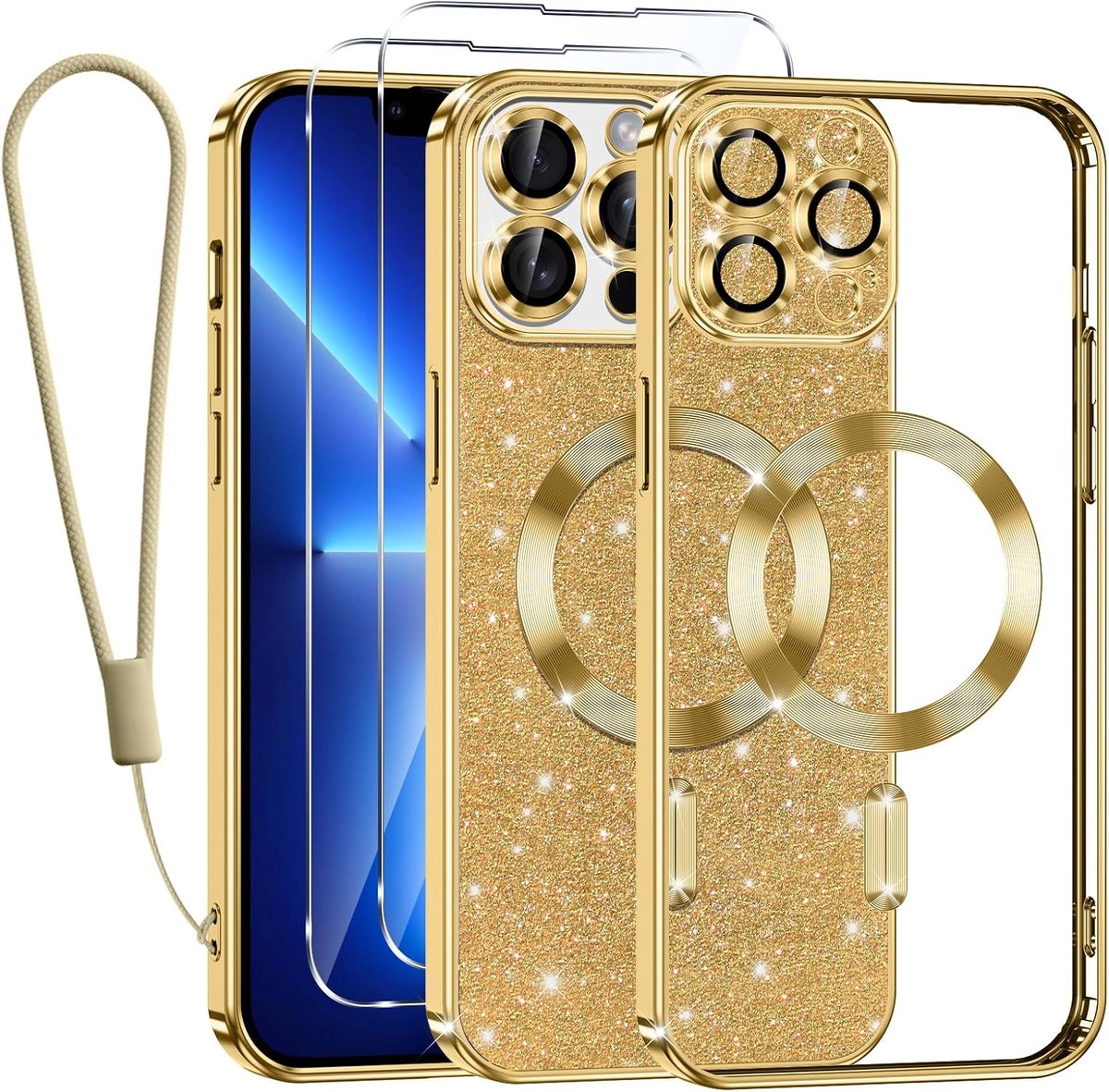 Telefoonhoesje met koord, compatibel met MagSafe, magnetische telefoonhoes voor iPhone 13 Pro met 2 stuks beschermfolie, stootvaste siliconen beschermhoes, goud