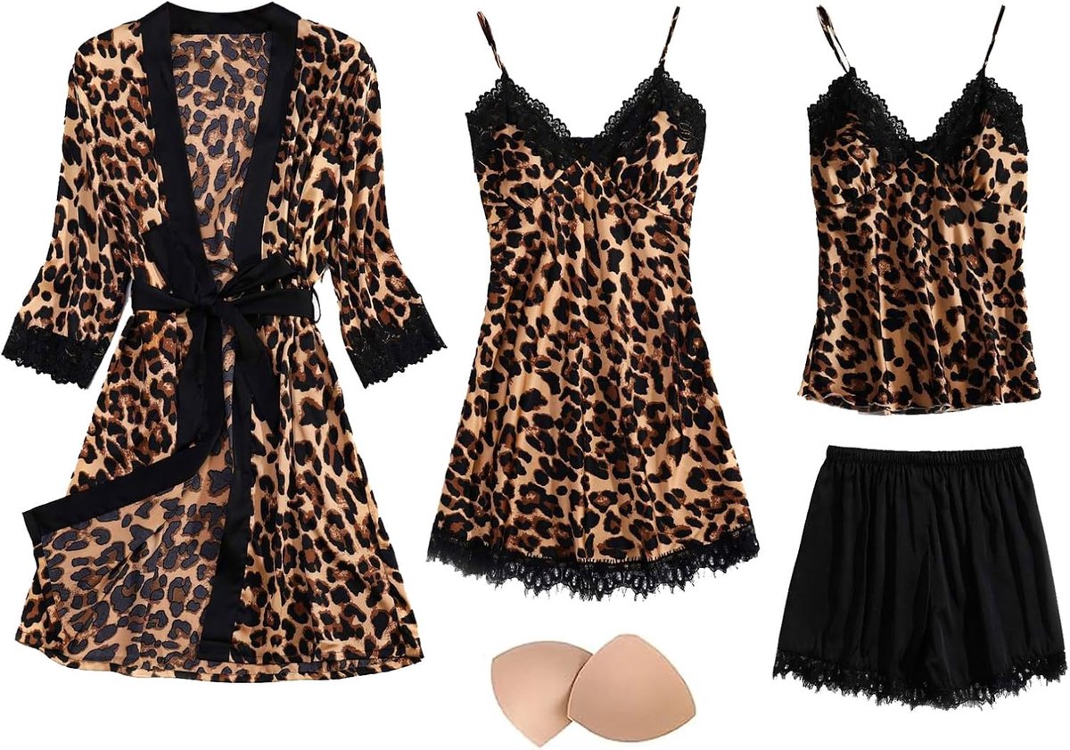 4-delige satijnen pyjama set kant kimono badjas pyjama set sexy negligé en shorts nachthemd 4-delige set, met borstkussen