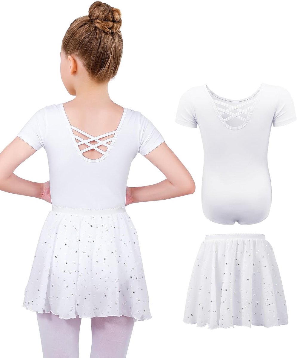 Balletjurk Voor Meisjes Katoen Balletkleding met Korte Mouwen Balletpak met Afneembare Chiffonrok met Pailletten voor 3-11 jaar